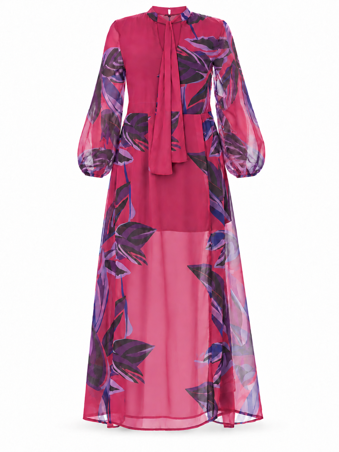 ABITO LUNGO CHIFFON STAMPA FIORE MANICA SBUFFO - FUXIA